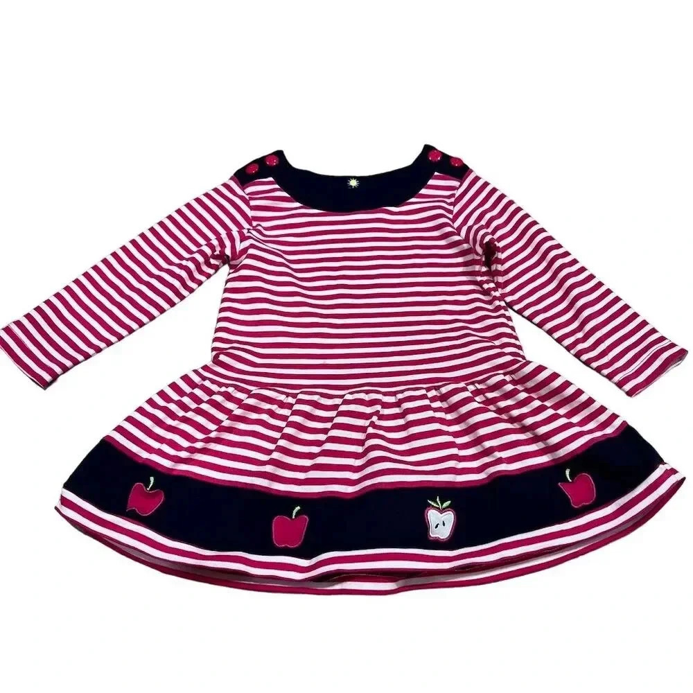 Florence Eiseman Girls 3T Pink Striped Knit Dress w/ Apples Casual